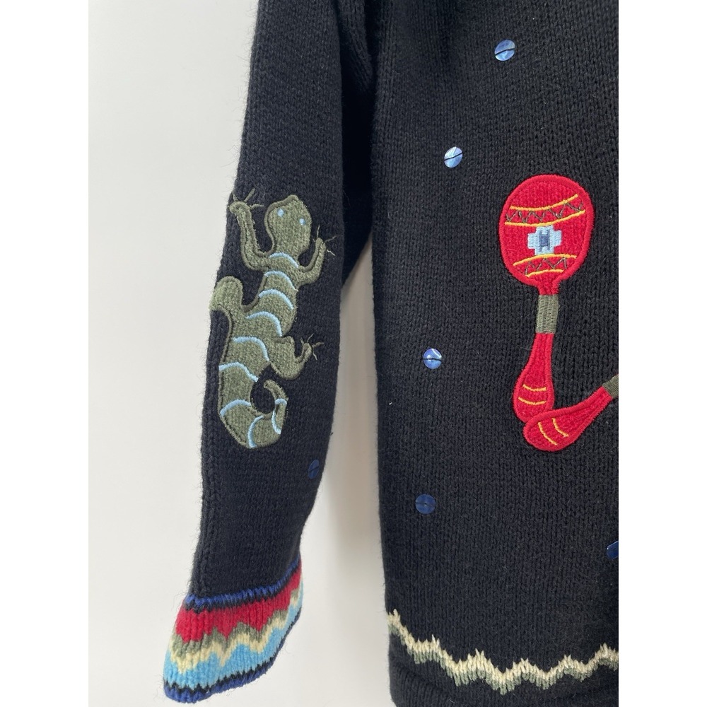 Quacker Factory Womens Southwestern Cardigan Sweater Black Embroidered Cactus M - Picture 3 of 11